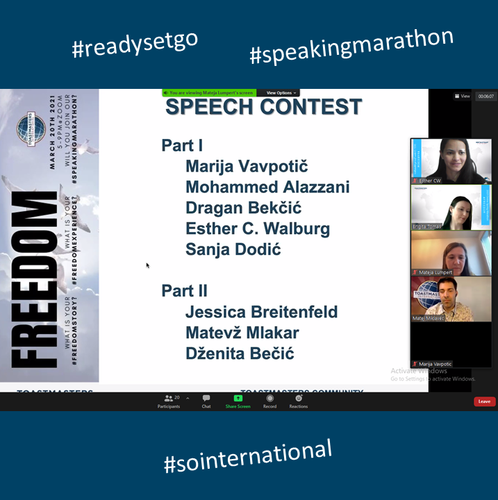 TmSarajevo's tweet photo. What even can we say about how professionally and brilliantly #ToastmastersBusinessClubSlovenia 🇸🇮 and #ToastmastersLjubljana 🔥hosted this #speakingmarathon?? I mean, just look at their background game! 💯 https://t.co/vhLcreLcVI