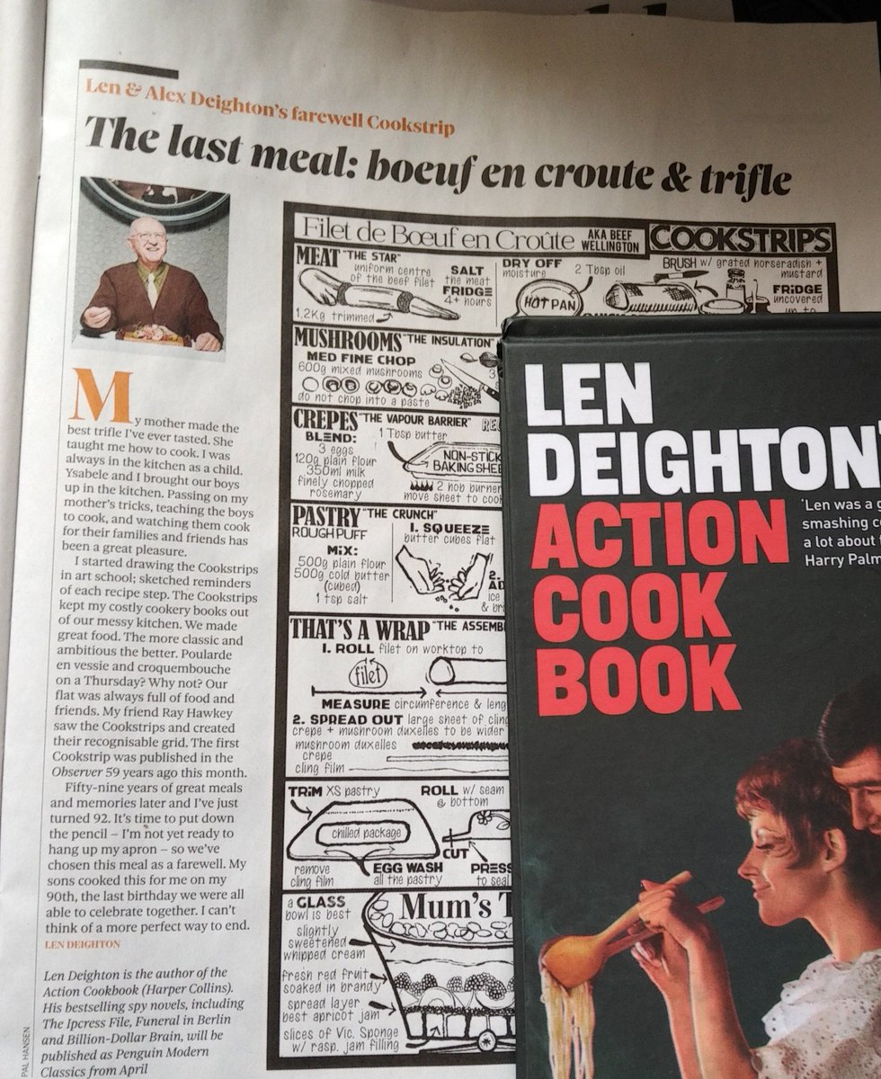 Wyfan2's tweet photo. #LenDeighton (92) says farewell to the cookstrip, started 52 years ago, in today's Observer. It was #RaymondHawkey, designer of #TheIpcressFile book cover, who suggested turning Deighton's recipe aids into a newspaper feature. https://t.co/PAeYNF17FP
