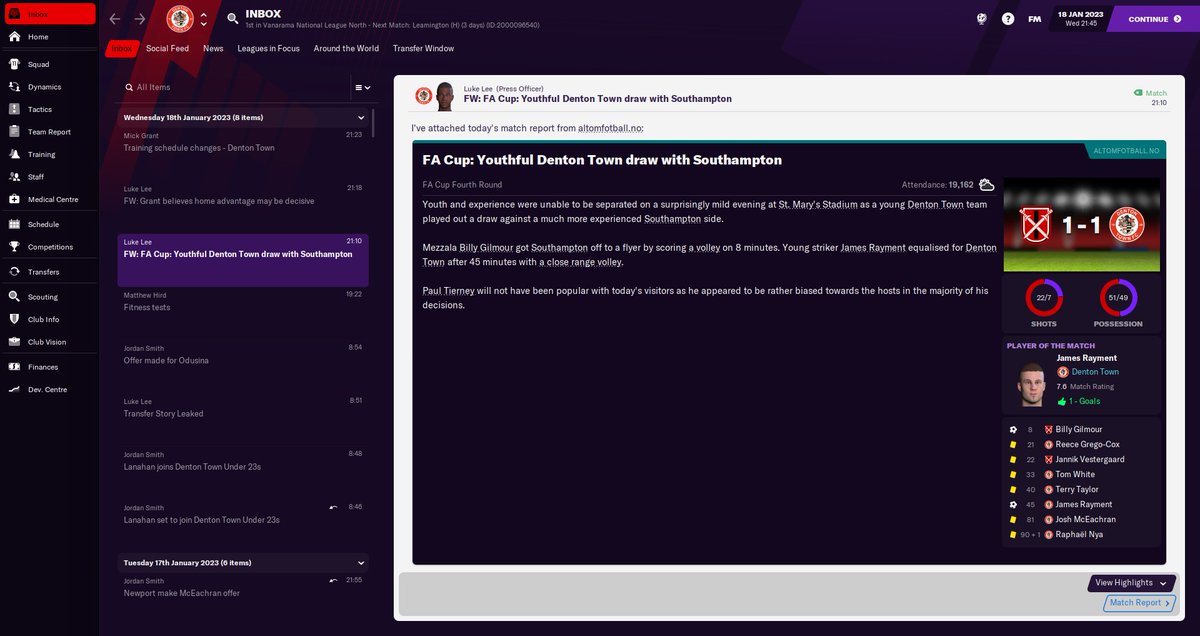 tamevalleyfc's tweet photo. Although as @dentontown_fc, we held Southampton to a 1-1 draw to take them to Whittles Park for a replay, we lost to them 3-0. It was only 1-0, until a 73rd minute red card and then 2 late goals followed. #FM21 https://t.co/EeCX7CR3km