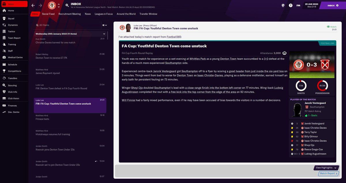 tamevalleyfc's tweet photo. Although as @dentontown_fc, we held Southampton to a 1-1 draw to take them to Whittles Park for a replay, we lost to them 3-0. It was only 1-0, until a 73rd minute red card and then 2 late goals followed. #FM21 https://t.co/EeCX7CR3km
