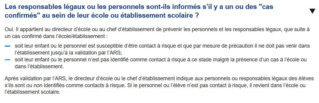 Les personnels et parents qui apprennent (ou pas...) par le "bouche à oreille" les cas #covid19, ÇA SUFFIT ! 😤
La FAQ du ministère est claire : le directeur d’école ou le chef d’établissement DOIT prévenir les personnels et les responsables s'il y a UN OU PLUSIEURS cas positifs.