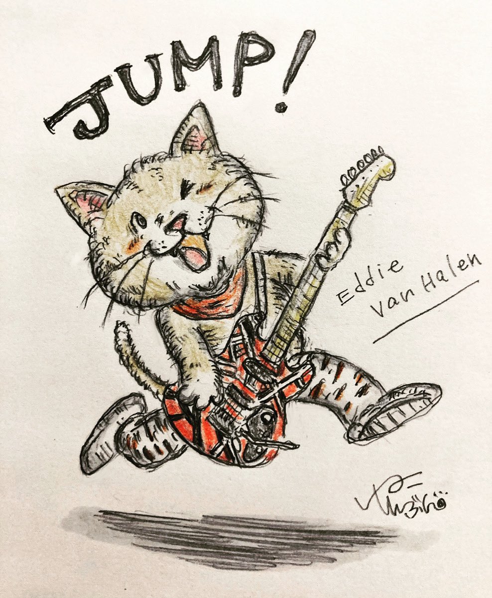 ねこしんぶん エディヴァンヘイレン 過去絵に色をつけました エディカックイイっ イラスト アナログイラスト Eddievanhalen ヴァンヘイレン 洋楽イラスト 猫イラスト Rock T Co 00ltrsowgp Twitter
