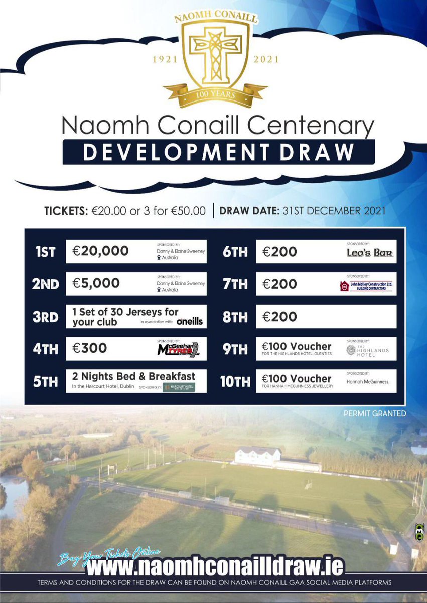 NaomhConaillGAA's tweet photo. Thanks to everyone who's bought tickets already, reminder If you purchase a ticket or tickets between now and Midnight today Sunday 21st March, you will be enetered into a seperate draw to win 1 of 3 free tickets we are giving away.

#NC100years https://t.co/F8fWDAZv0p