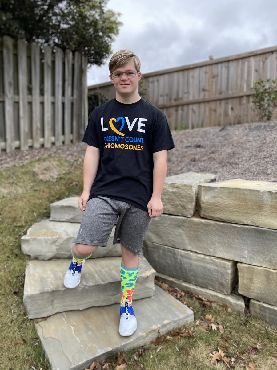 thejakepratt's tweet photo. Today is World Down Syndrome day. It’s 3/21 because of our third copy of the 21st chromosome. My girlfriend Grace is away at college, but I sent her a shirt so we could match today. Don’t forget to wear crazy socks or blue and yellow today for everyone with Down Syndrome. 💙💛 https://t.co/a2yccBeiOg