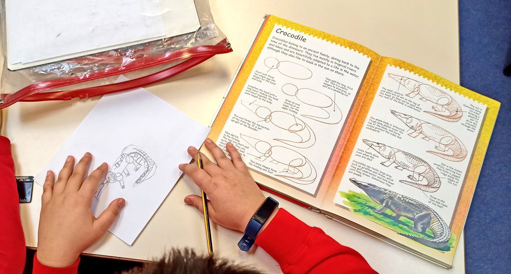 Amazing 'Taking Notice' skills from Nazeem during our daily Calm Start. What a fantastic crocodile! 🐊 #art #shape #readingforpleasure #5waystowellbeing @MrsSibbitCTS <a href="/CTS_Watford/">Cherry Tree Primary School</a> @NurtureCTS