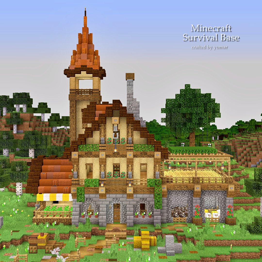 Yumar A Twitter サバイバルの拠点が完成しました 近くにメサがあったので 屋根は贅沢にテラコッタにしてみました ｍinecraft マイクラ統合版 サバイバル建築クラブ バニラ建築学部