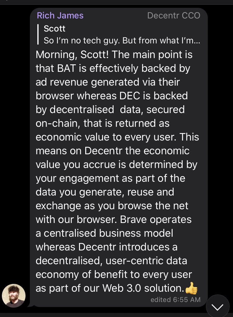 yungdoteth's tweet photo. $dec $35 million market cap

$bat $1.6 billion market cap 

The future is decentralized and autonomous 

🧠🤝🦍 https://t.co/c1HEX96cTE