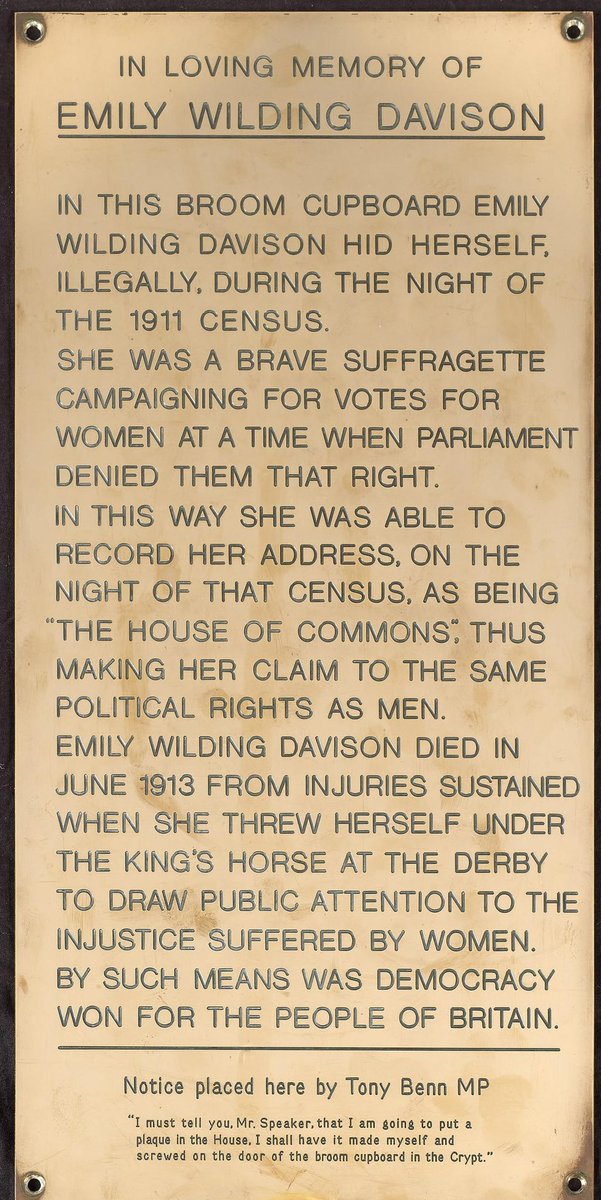 JoannaWestUK's tweet image. Celebrating and highlighting #WomensHistoryMonth       

It’s #CensusDay today and I think of Emily Davison who hid in the Houses of Parliament so she could list it as her address on the 1911 Census. Here’s the picture of the plaque erected in memory. #deedsnotwords