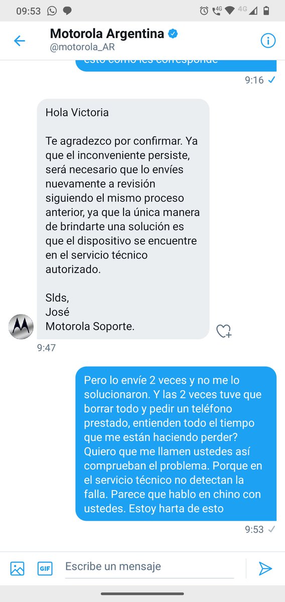 vickypimienta's tweet photo. @motorola_AR Es una tomada de pelo, lo ENVÍE 2 VECES A SERVICIO TÉCNICO y me lo devolvieron como que no tenía problema.En prueba de hardware el receptor suena bajo. PRUEBEN LLAMÁNDOME USTEDES para ver que dejan de escucharme. BASTA. https://t.co/6qEjzv8Z86