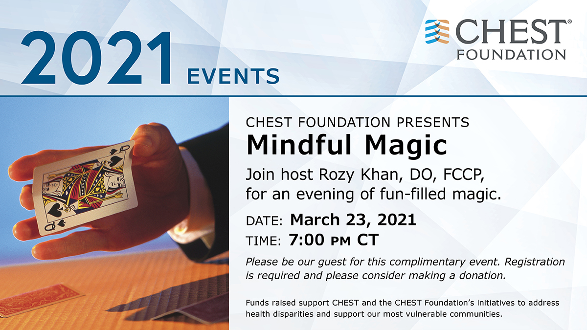 accpchest's tweet image. The #CHESTFoundation presents Mindful Magic with magician and mentalist Gary Ferrar (@garyferrarmagic). Join us this Tuesday, March 23, for a night of unexpected moments and unique effects!

Get your complimentary tickets: hubs.ly/H0HF8Mg0

@RozyKhanDO