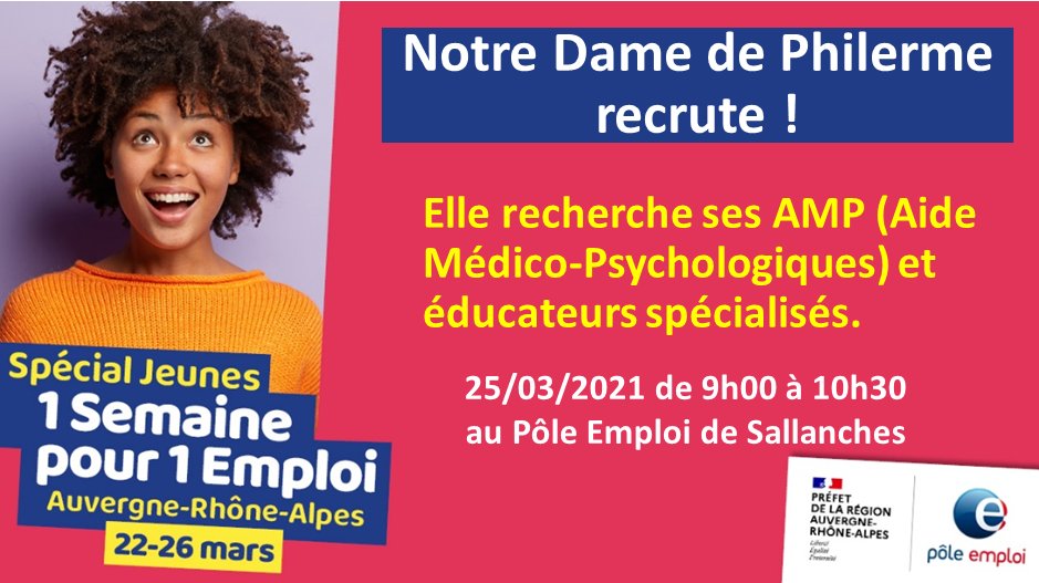 TISSERANDMASSAR's tweet photo. [#Recrutement] Notre Dame de Philerme vous connaissez❓▶️ https://t.co/4mRvwF9tgY
Cette structure vous propose des postes d'#AMP, Aide Médico-Psychologiques et Educateurs spécialisés.
Inscription ⤵️
📩entreprise.rha0117@pole-emploi.net
#TousMobilisés #1Jeune1Solution #1SP1E2021 https://t.co/62it1VsHcU