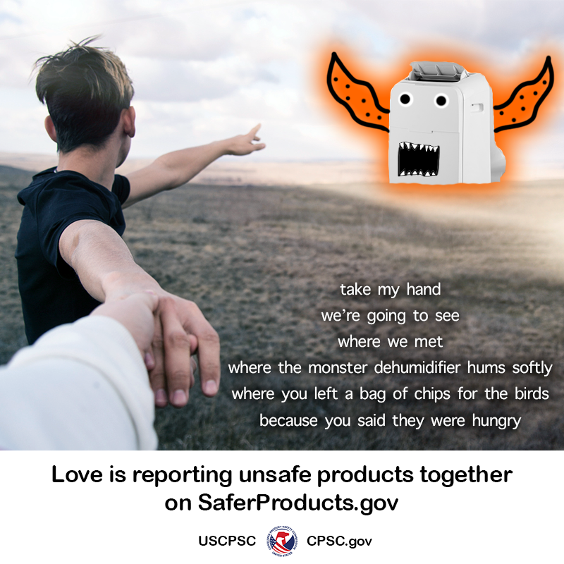 A monster dehumidifier in a field with tentacle arms. The text reads: take my hand, we're going to see, where we met, where the monster dehumidifier hums softly, where you left a back of chips for the birds because you said they were hungry. Love is reporting unsafe products on SaferProducts.gov