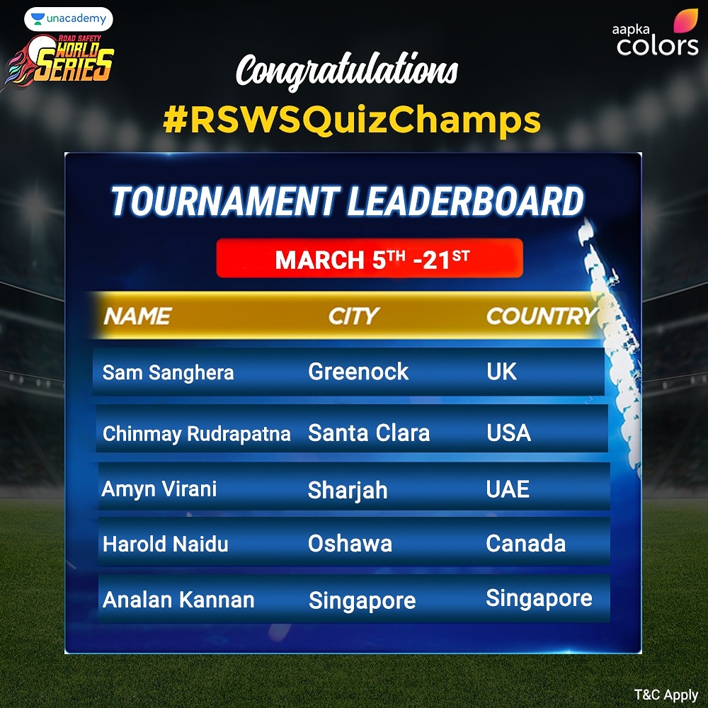 ColorsTVUSA's tweet photo. Give it up for the ultimate #RSWSQuizChamps❤️😎🏏 

#RoadSafetySeriesUSA #CricketUSA #CricketFansUSA #CricketTrivia #ContestUSA https://t.co/lMKtr1A81Z