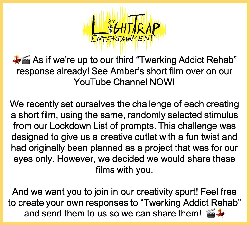 LightTrapEnt's tweet photo. Kicking off our #LockdownList responses this week is @AmberMAPorter's  #TwerkingAddictRehab. Check it out on our YouTube Channel NOW: https://t.co/lko24bzouG! Don't forget to make your own films and send them to us! #ShortFilm #LightTrapLockdown https://t.co/LAadUIlePY