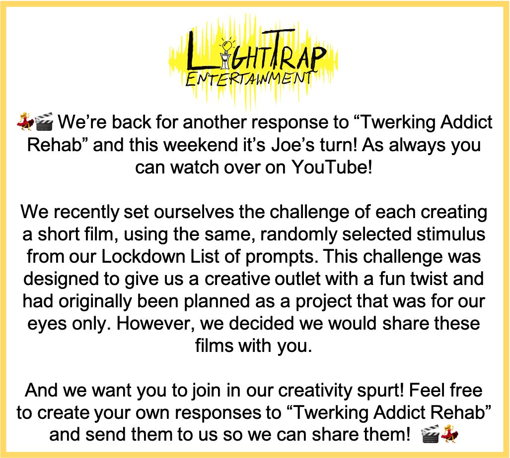 LightTrapEnt's tweet photo. Another #TwerkingAddictRehab video from our #LockdownList! This time @JoeLucasUK. As always you can watch this and all of our content over on our YouTube Channel: https://t.co/0o4FR7BOrh! Feel free to make your own and we'll share our favourites! #ShortFilm #LightTrapLockdown https://t.co/mKJBow54Rs