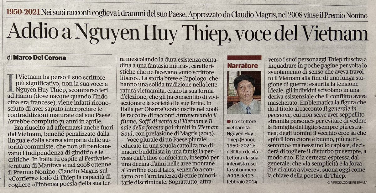 È con grande tristezza che comunichiamo la scomparsa del grande scrittore vietnamita #NguyenHuyThiep 
Vogliamo ricordarlo attraverso le parole di <a href="/marcodelcorona/">Marco Del Corona</a> nell’articolo uscito oggi sul <a href="/Corriere/">Corriere della Sera</a>  

#vietnam #letteraturaasiatica