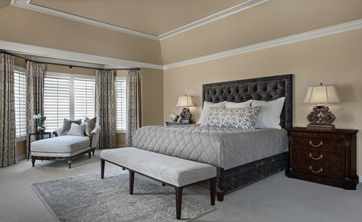 Forandesign's tweet image. The Master Bedroom was updated with lighter paint, new bed, bench, rug,, carpet and accessories.