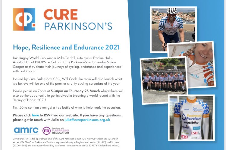 Join me, Mike Tindall, DROPS Le Col’s Frankie Hall and Simon Cooper on 25/3. We launch <a href="/cureparkinsons/">Marc Jones</a> world record attempt: the “Jersey Of Hope”. Short, focused &amp; fun: 530pm kick off; 30-45 minutes duration; lots of your questions. See cureparkinsons.org.uk/jersey-of-hope… about JOH.
