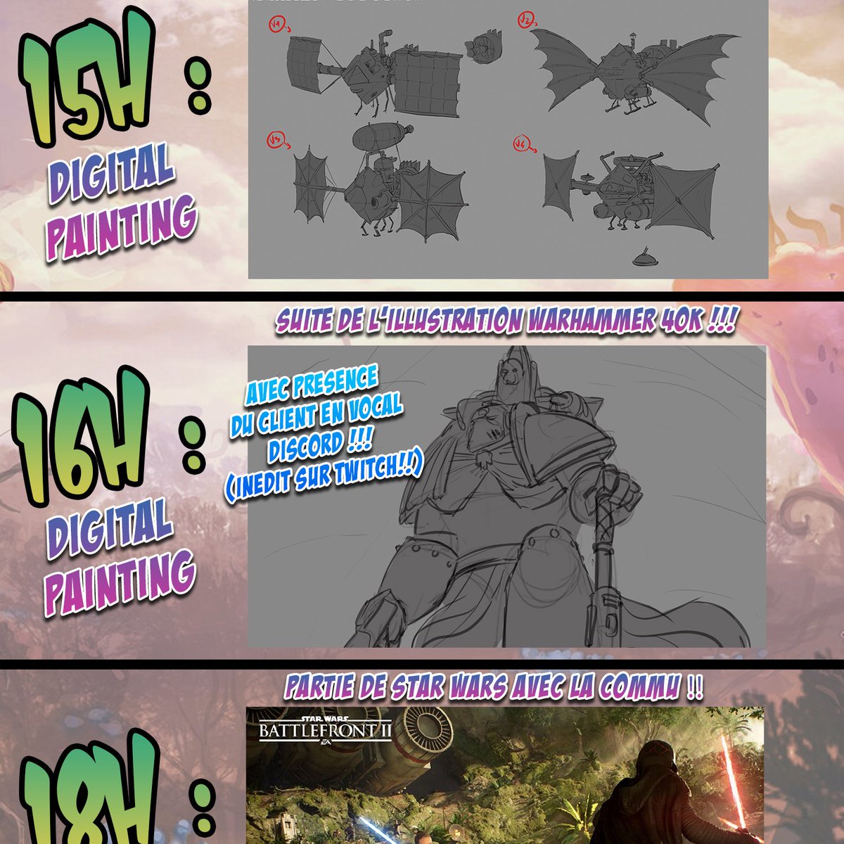 Hey les zamis, gros live Twitch cette aprèm à partir de 15h (avec plus de digital paintings que d'habitude, héhé, car je vais avancer sur 2 commandes freelance en même temps) !!! Tu viens délirer avec nous ? C'est par iciiiii : twitch.tv/gwenvibancos