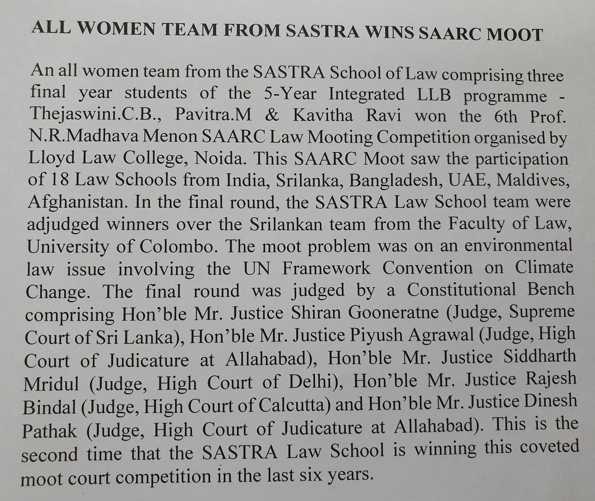 SVaidhyasubrama's tweet photo. Kudos to the 3 girls of @SastraUniv Law School for winning the prestigious NR Madhava Menon SAARC Moot Court competition beating the Lankan team from University of Colombo in the finals. https://t.co/tFxS9478TF