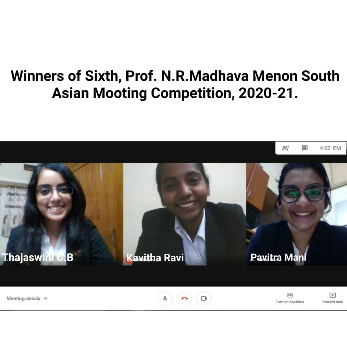 SVaidhyasubrama's tweet photo. Kudos to the 3 girls of @SastraUniv Law School for winning the prestigious NR Madhava Menon SAARC Moot Court competition beating the Lankan team from University of Colombo in the finals. https://t.co/tFxS9478TF