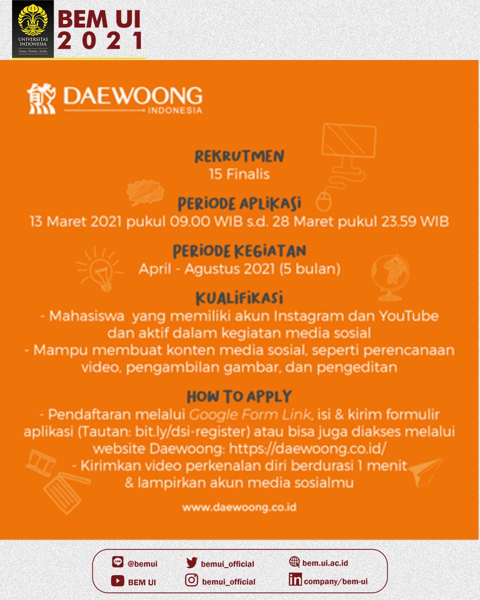 BEMUI_Official's tweet photo. Pendaftaran Daewoong Social Impactor diperpanjang hingga 28 Maret 2021!

Manfaatkan kesempatan ini untuk meraih keuntungan yang pantas kalian dapatkan.

Jangan sampai ketinggalan!

#DaewoongSocialImpactor
#StartFromYourself
#BeTheChange
#YourVoiceMatters
#InspireInfluenceImpact https://t.co/BLH3pWa6Tj