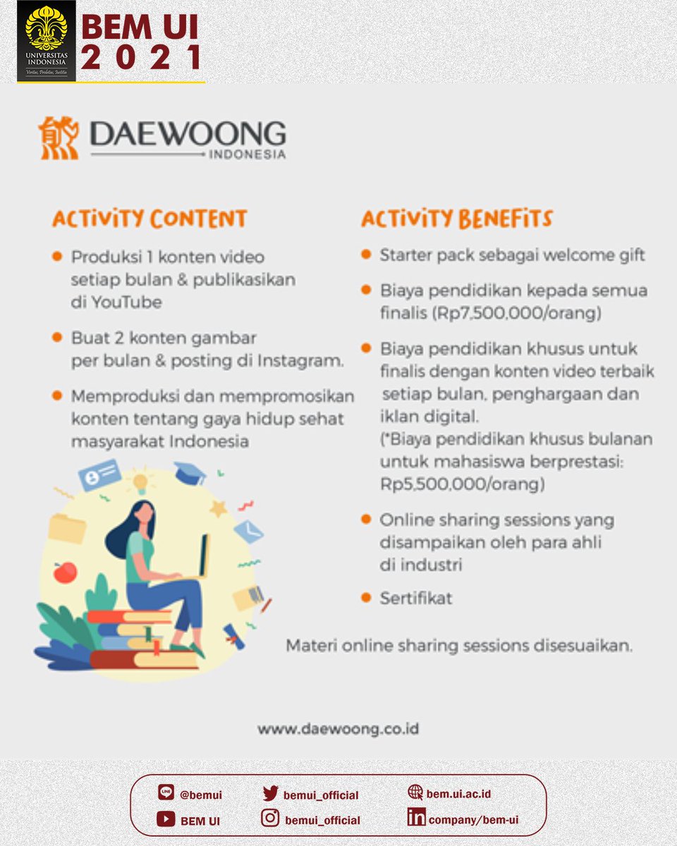 BEMUI_Official's tweet photo. Pendaftaran Daewoong Social Impactor diperpanjang hingga 28 Maret 2021!

Manfaatkan kesempatan ini untuk meraih keuntungan yang pantas kalian dapatkan.

Jangan sampai ketinggalan!

#DaewoongSocialImpactor
#StartFromYourself
#BeTheChange
#YourVoiceMatters
#InspireInfluenceImpact https://t.co/BLH3pWa6Tj