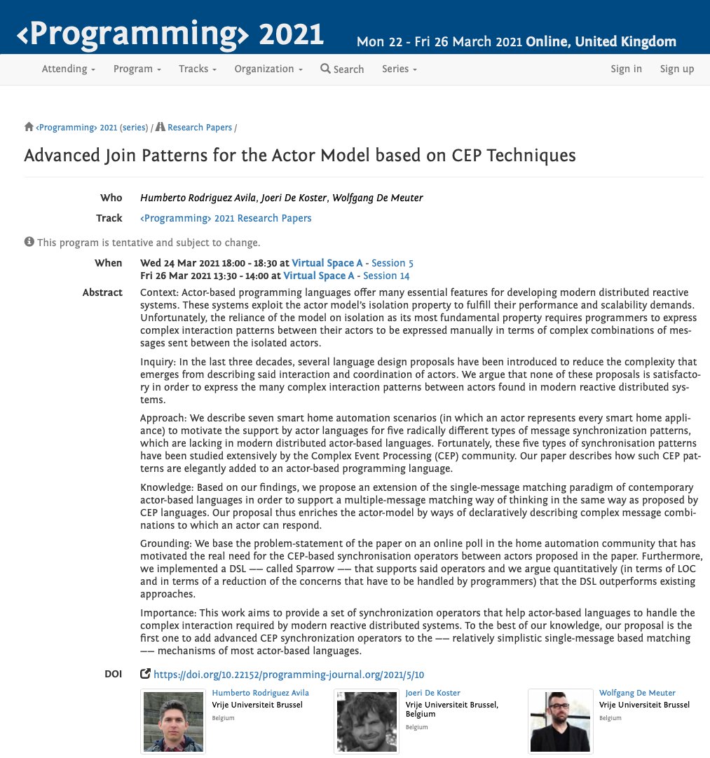 programmingconf's tweet image. "Advanced Join Patterns for the Actor Model based on CEP Techniques" – H. Rodriguez Avila, J. De Koster, and W. De Meuter (@wdmeuter). #research #paper #prog21
➡️ 2021.programming-conference.org/details/progra…