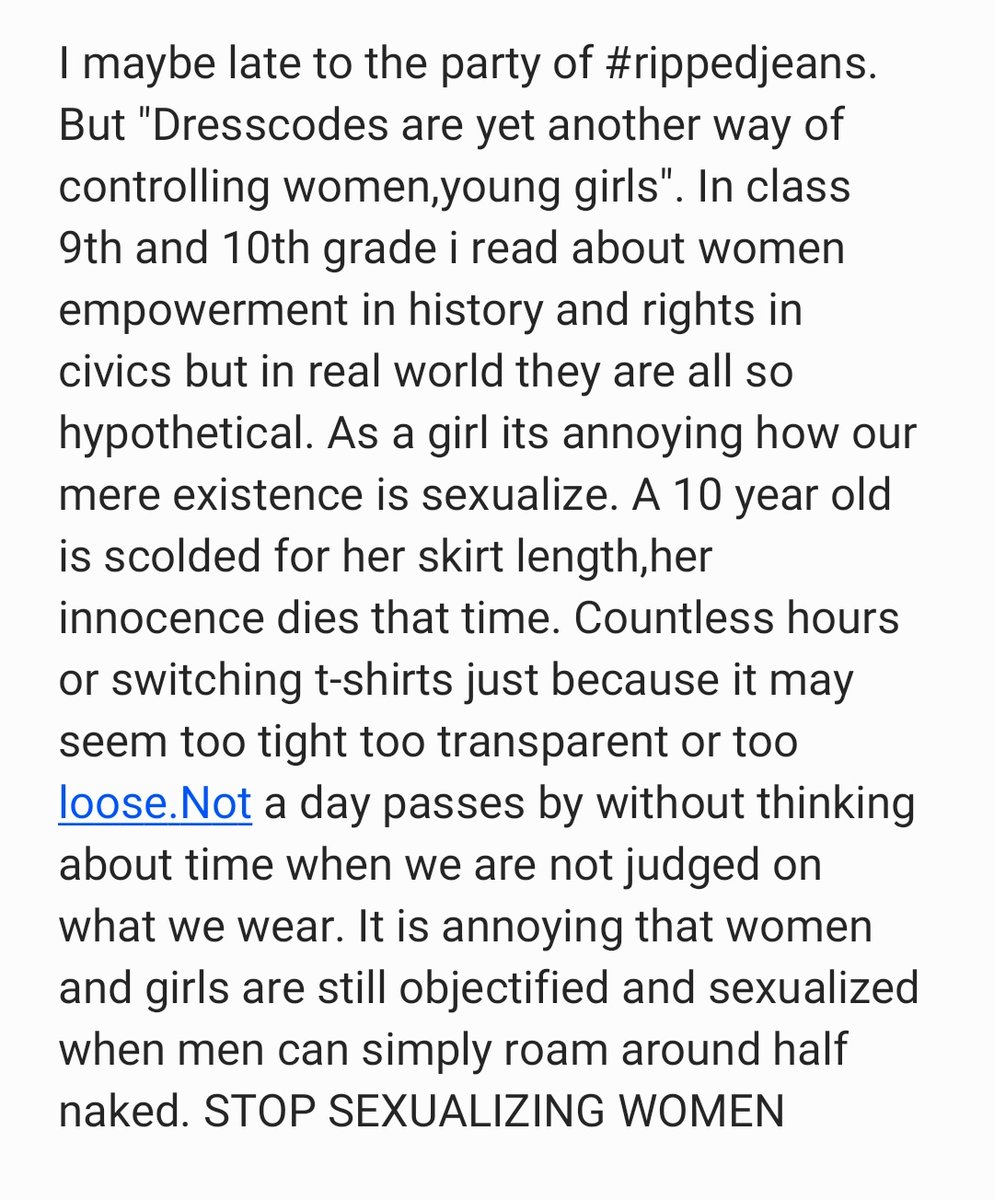 Disha_Gujarathi's tweet photo. [1]@TIRATHSRAWAT Maybe I am late to party #rippedjeans
#stopsexualizingwomen 
#dresscodessuck https://t.co/x9FZjqGPFi