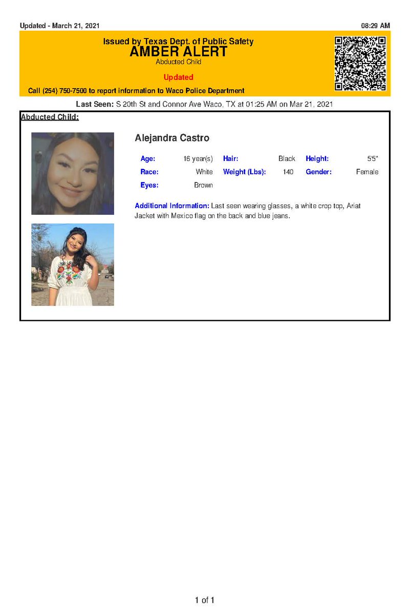 TX_Alerts's tweet photo. ACTIVE AMBER ALERT for Alejandra Diana Castro from Waco, TX, on 03/21/2021 https://t.co/nS8A94Iaqs