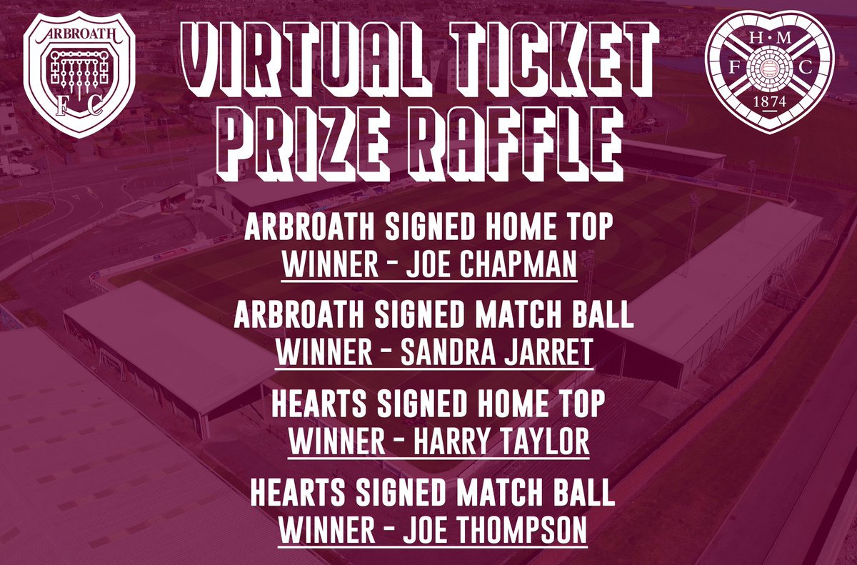 ArbroathFC's tweet photo. Virtual Ticket Winners

We would like to thank all Arbroath and Hearts Supporters who bought a virtual ticket for yesterday’s match.

We had a great response and raised a substantial amount which will all goes towards helping the club and team!

➡️ https://t.co/0IcylsFe4H https://t.co/jPZUwCszNr