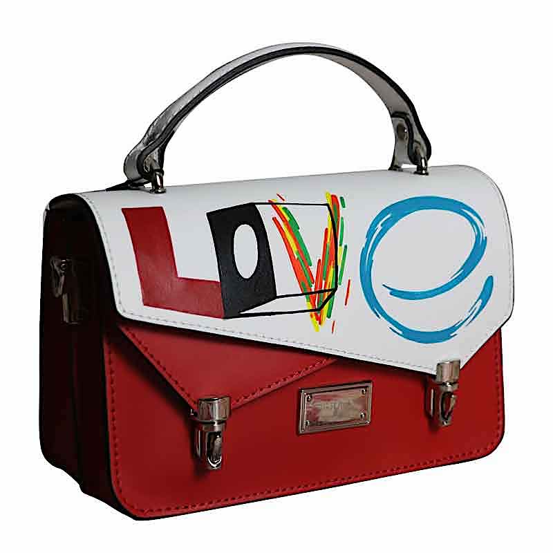 LITTLE BAG OF LOVE by Rick Garcia. This little sweetie has two flaps, two compartments for your goodies. "LOVE" painted in acrylic using various fonts adorns the white flap. Bag by Fortunate Bags fortunatebags.it My collection grows: rickgarcia.com/projects#/fort…