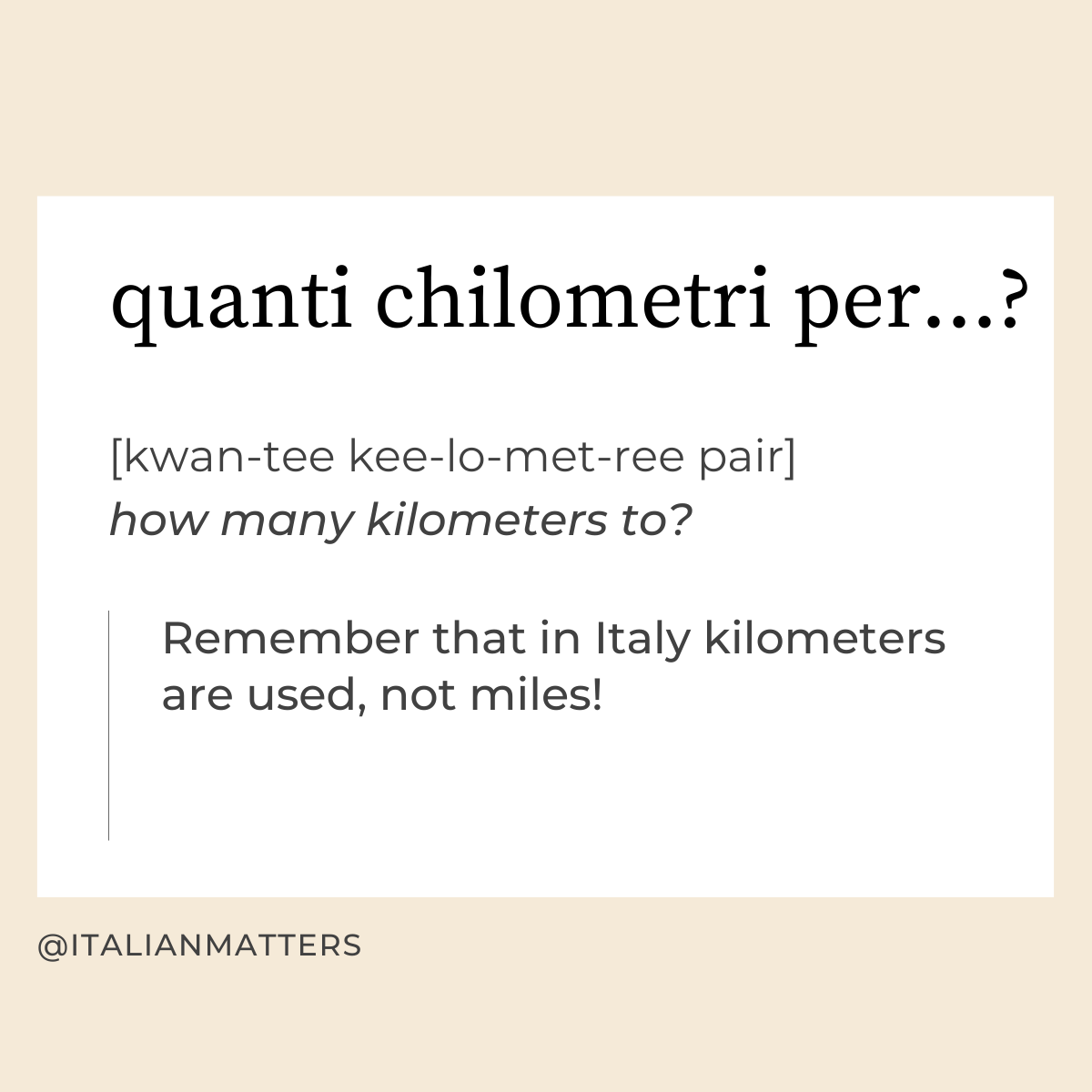 italianmatters's tweet photo. In #Italy we use kilometers, not miles! 🙃 #learnitalianlanguage #welearnitalian #italianlearners #learningitalianonline #italianlearning https://t.co/W0NRoAwMYz