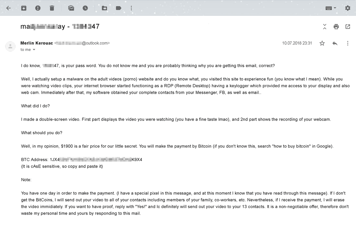 kaspersky's tweet photo. Some people have reported receiving black-mail emails, with the scammers providing genuine passwords as "proof" that they've caught you watching porn.

Check the full story ⇒ https://t.co/n1xByTqiV2 https://t.co/dVGawYq5cc