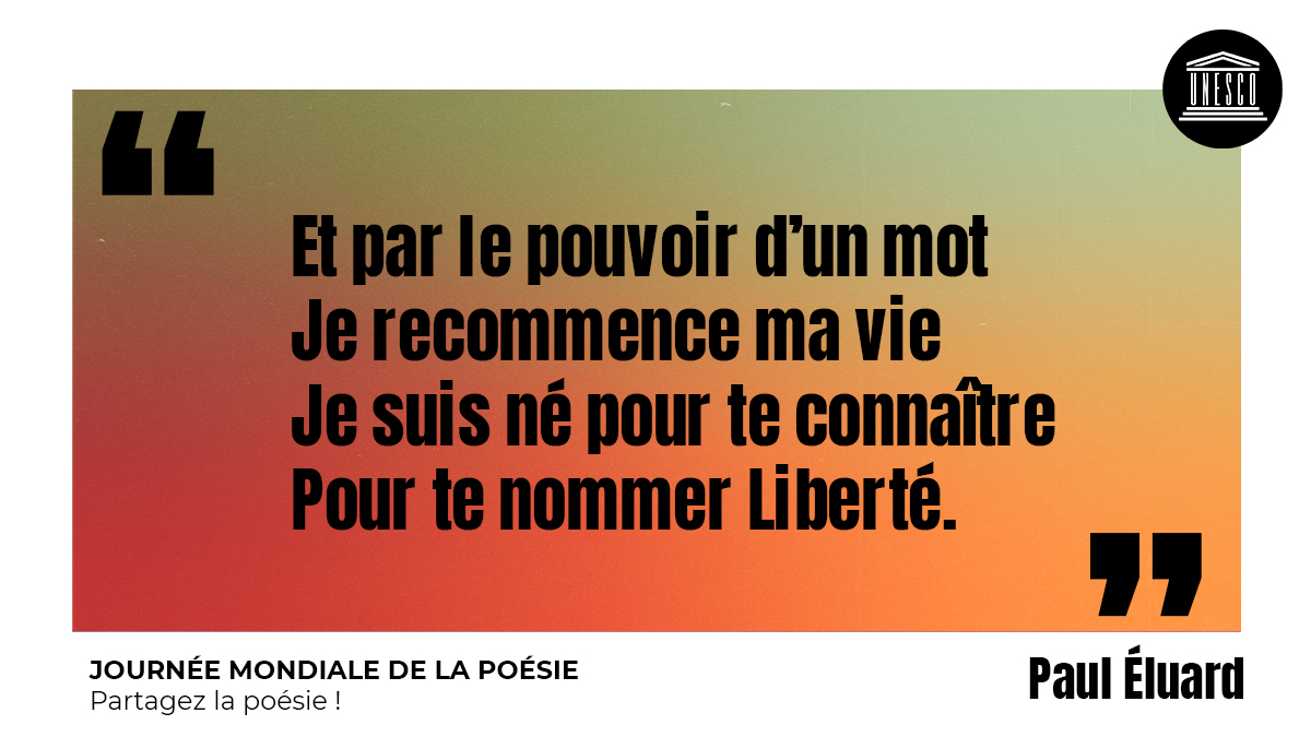 UNESCO_fr's tweet photo. Sonorités✨Rythme✨Musicalité✨

Par un savant mélange de métaphores &amp; de termes adroitement combinés, la poésie fait transparaître la beauté qui nous entoure &amp; la résilience de l'esprit humain. Son pouvoir est illimité.

Belle #JournéeMondialeDeLaPoésie ! https://t.co/jN2FZU5D7v https://t.co/u5cz5I6h7j