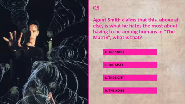SonyPIX's tweet photo. Can you answer this question from the classic sci-fi franchise 'The Matrix'?

#SonyPIXArena https://t.co/BK6vV8kn1v