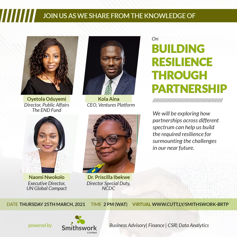 SmithsworkL's tweet photo. Join us this Thursday, 25th March 2021.
Zoom link: https://t.co/6UNj76EwMR 
Save the date. @kola_aina @GlobalCompactNG @TheENDFund @NCDCgov @theventurespark https://t.co/jS0HoNgCBy
