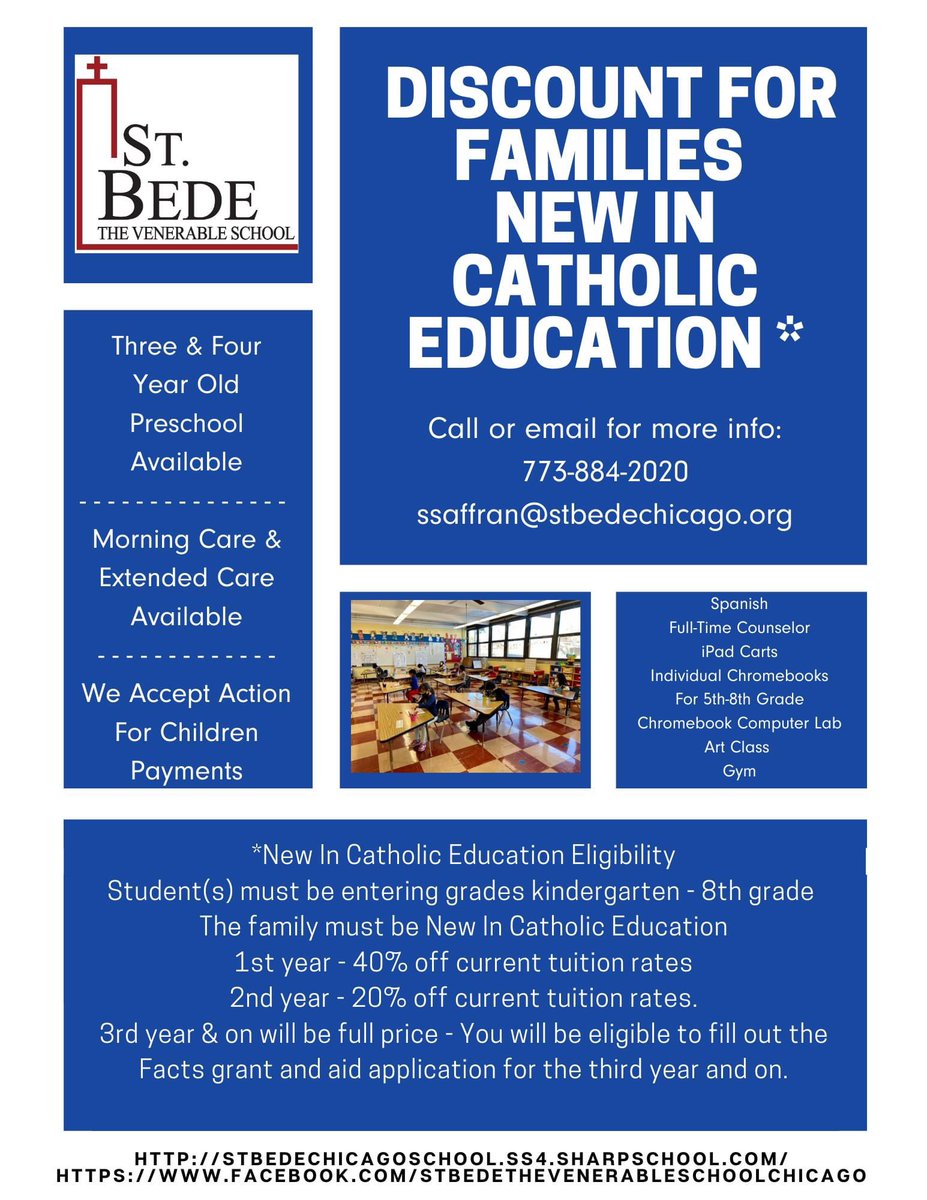 StBedeChicago's tweet photo. Now enrolling grades Preschool - 8th grade. Call 773-884-2020 or email for more information. ssaffran@stbedechicago.org https://t.co/S1ooBvRwyB