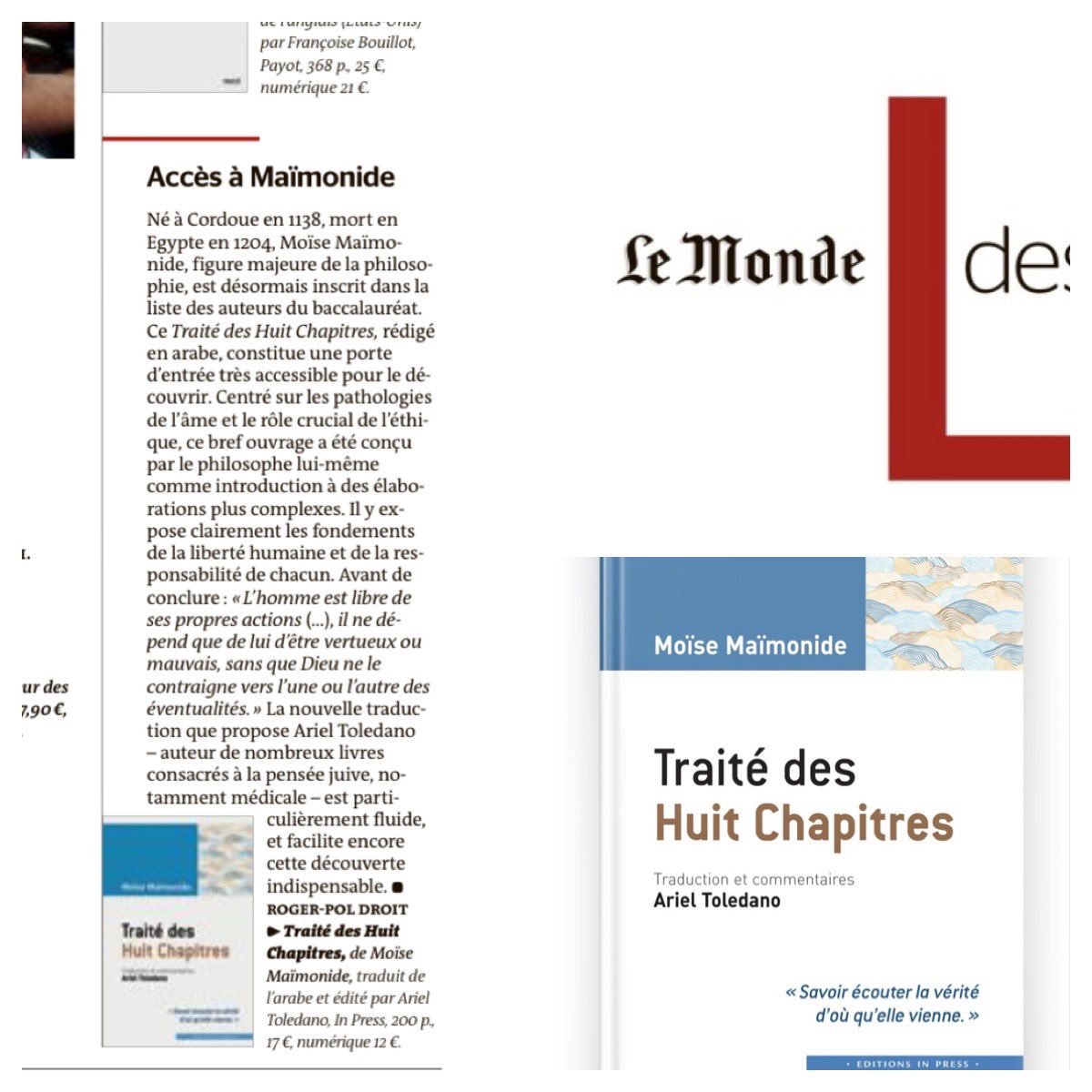 ProverbesTalmud's tweet photo. Traité des Huit Chapitres. #Maimonide 
“La nouvelle traduction que propose Ariel Toledano – auteur de nombreux livres consacrés à la pensée juive, notamment médicale – est particulièrement fluide, et facilite encore cette découverte indispensable” Roger-Pol Droit @lemondefr https://t.co/pPcvy0bAhv