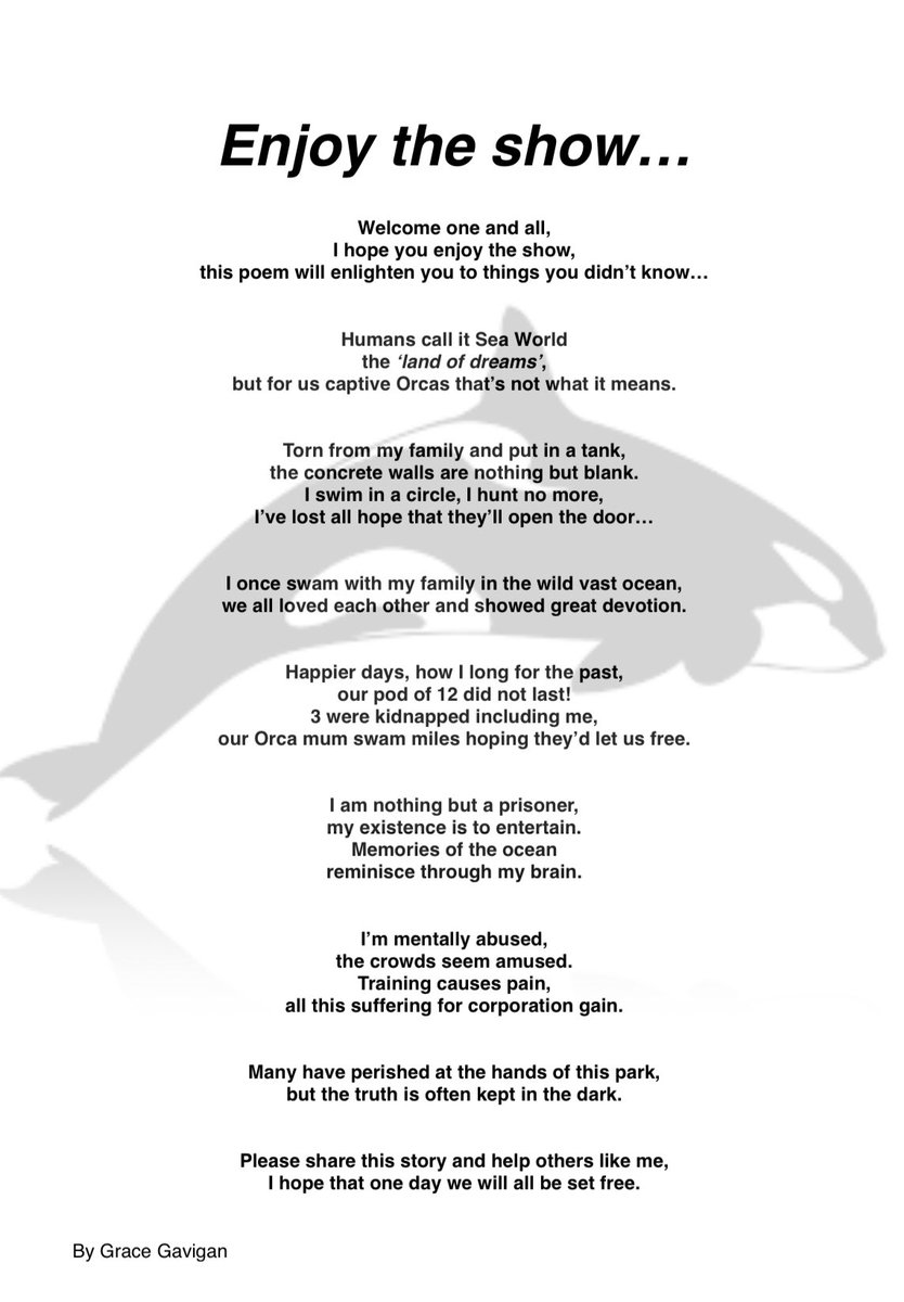 #WorldPoetryDay My daughter wrote this👇🏼 for her school English project to raise awareness of marine mammal captivity after watching #Blackfish. #EnjoyTheShow. Very proud, well done Grace. 🐳👏 #MarineWildlife #EmptyTheTanks