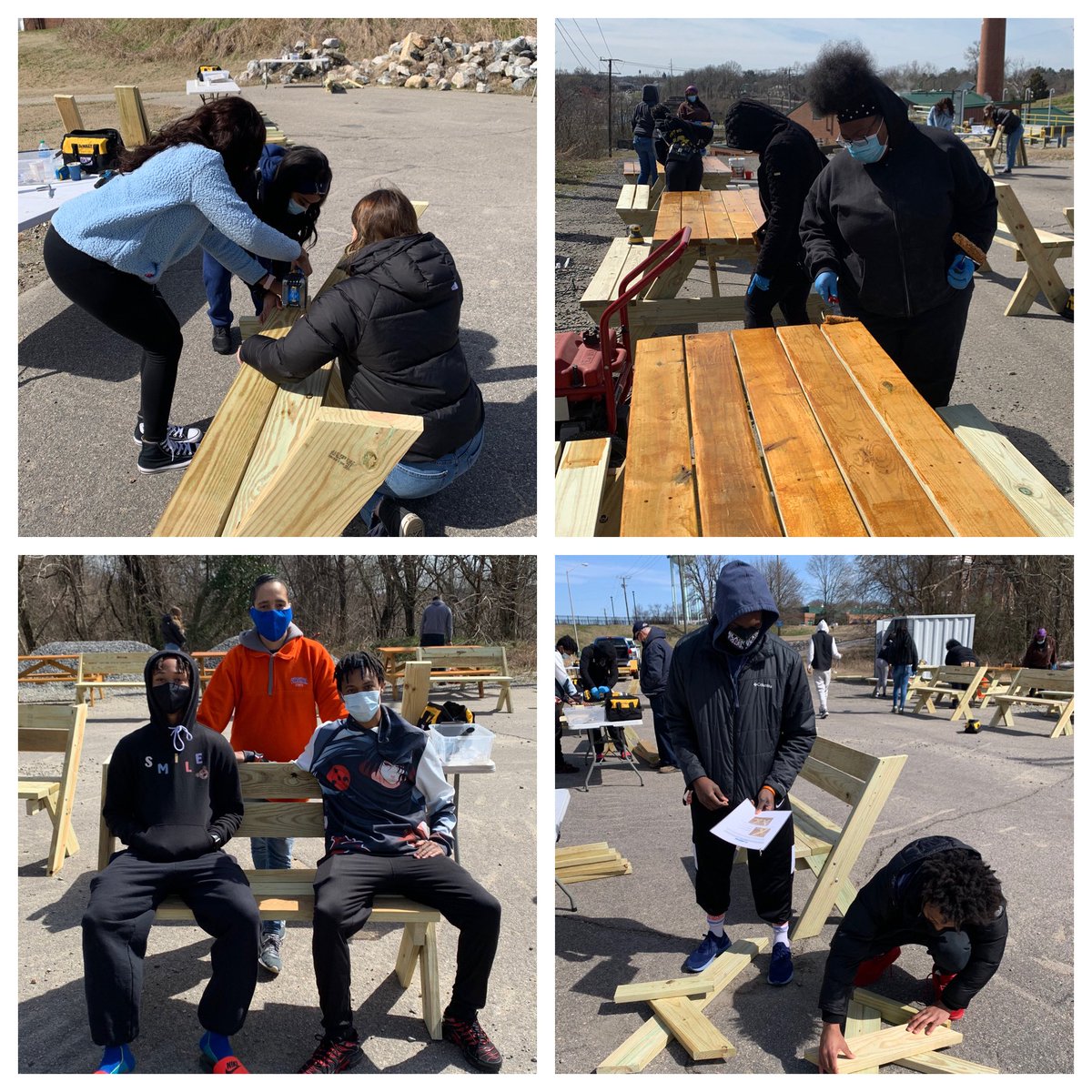 vsufye's tweet photo. In two hours, students constructed one picnic table and seven benches, stained five existing tables built in January, collected four bags of trash and debris from Fleet’s Branch, and planted flowers in one of the plant beds along University Avenue. #VSUTransforms #VSUServes https://t.co/AObWmATO9j