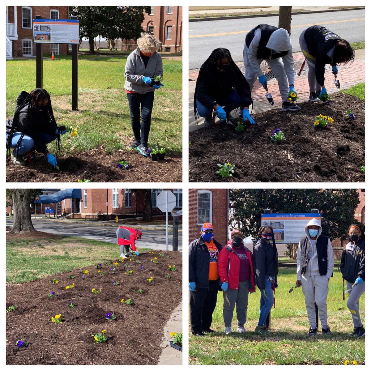 vsufye's tweet photo. In two hours, students constructed one picnic table and seven benches, stained five existing tables built in January, collected four bags of trash and debris from Fleet’s Branch, and planted flowers in one of the plant beds along University Avenue. #VSUTransforms #VSUServes https://t.co/AObWmATO9j