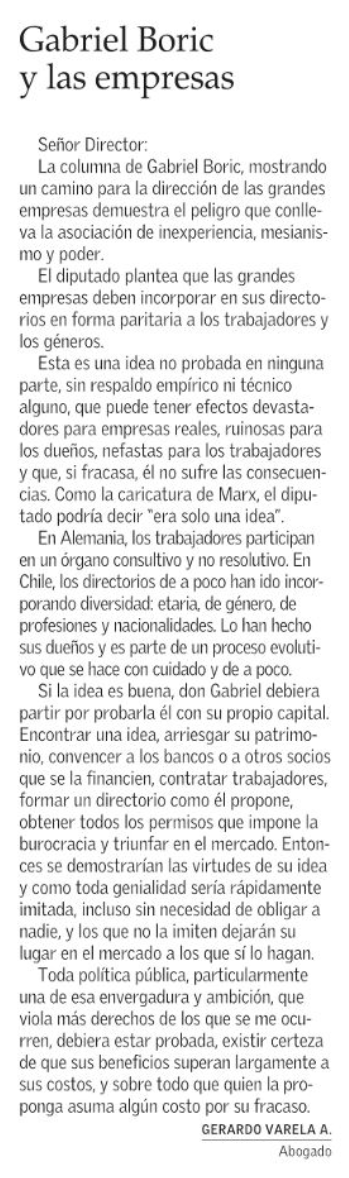 jvwolfersdorff's tweet photo. Propuesta de Boric sobre empleados en directorios invita a debatir (¿50% o 20% p.e?). Hoy @ElMercurio_cl publica reacciones q desinforman: 1)"Aufsichtsrat" alemán es un organo q tb nombra a la gerencia 2)en diversidad avances🇨🇱son anacrónicos! En vez de matar ideas, debatámoslas! https://t.co/Q7iMuGLL6S