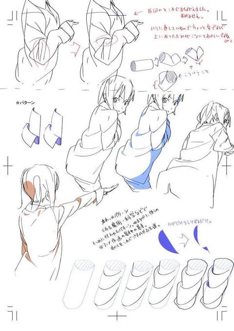 특히 옷주름
애니는 옷주름을 딱 핵심적인 큰 주름만 단순간략히 묘사해서 좋음

drapery drawing tip
シャツ 描き方
腕 スーツ しわ
등으로 서치해서 나온 자료랑 모델시트들 베끼고 왜 이렇게 되는지 고민하고 직접 움직이는거 그려보고 관찰하기

시중 옷주름 작법서들보다 더 공부됬음 