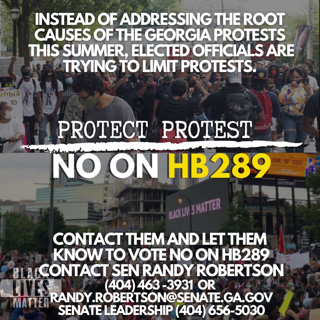 AttorneyGriggs's tweet photo. As we continue to elevate our voices for justice and accountability, elected officials are trying to roll back the rights around voting and protest. The current law protects peaceful protest and punishes unlawful activity already. Vote No #HB289 #gapol #blackvotersmatter #gasen https://t.co/fflHwNNeEl