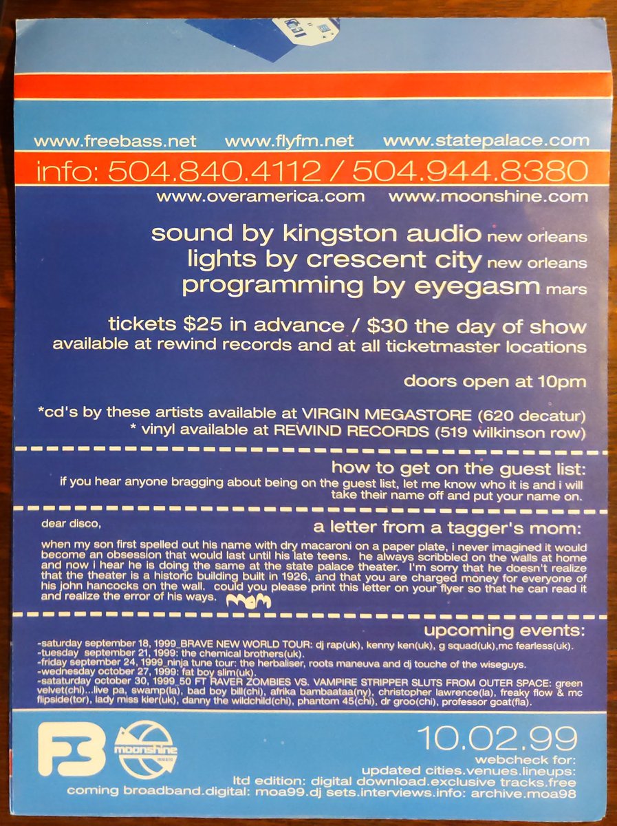 _jACK_t_Ripper_'s tweet image. Moonshine Over America '99 #Moonshine #StatePalaceTheater #Freebass #FreebassSociety #NOLA #NewOrleans
@KEoKiKeOkiKEoKi 
@djjohnkelly 
@djmicrony 
@ak1200 
#Cirrus
@OhOhOmarSantana 
@DjDieselboy 
@thedjdara 
@CRAZEARONI 
@INFAMOUS_ 
@freqnasty