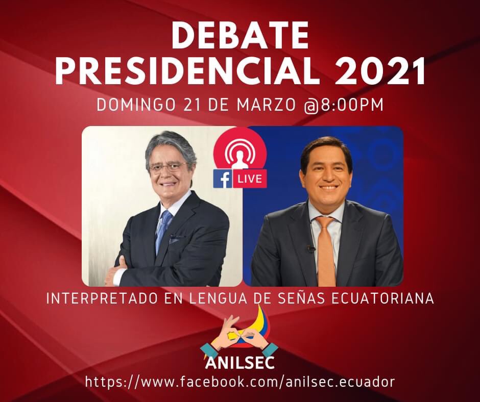 anilsec_ecuador's tweet photo. Debate Presidencial Ecuador 2021 en formato accesible para personas Sordas, interpretado en Lengua de Señas Ecuatoriana @WASLI_tweets @WFDeaf_org https://t.co/xgq7uqJnik… https://t.co/ybNfyLkVBh