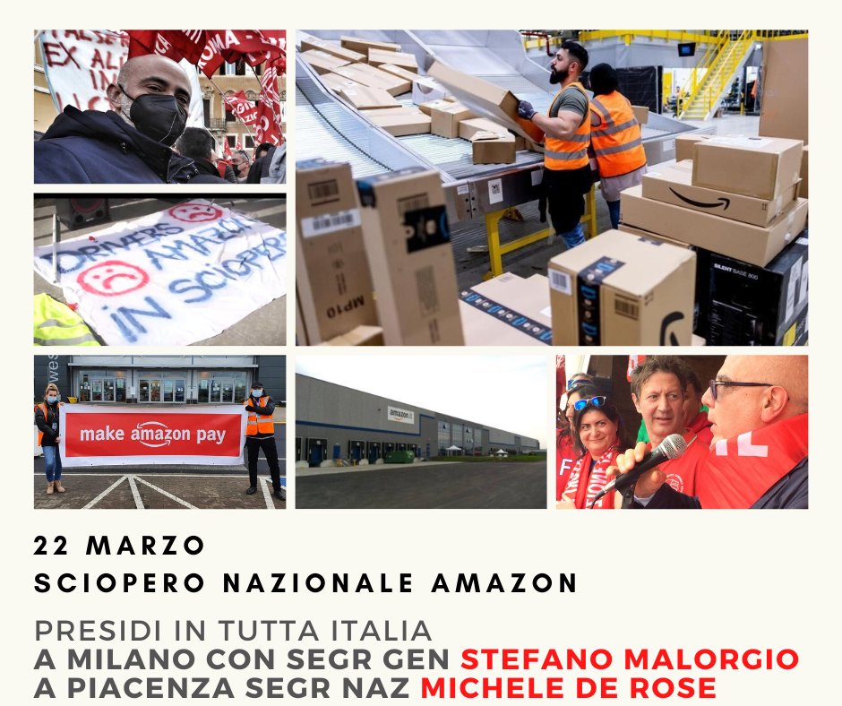 #22marzo #ScioperoAmazon #FiltCgil #FitCisl #Uiltrasporti. Al presidio di #Milano (Via Toffetti 108) interviene anche segr gen Stefano Malorgio. A #Piacenza davanti magazzino Mxp5 di Castel SanGiovanni ci sarà segr naz  Michele De Rose #whitemonday #strikehard #makehistory