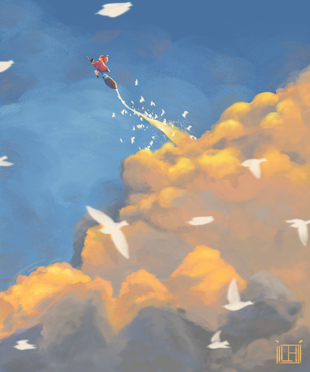 Loophare's tweet photo. A cloud study originally transformed into illustration with the character of the film Ghibli Mary and the witch’s flower. 🌱

#maryandthewitchsflower #ghibli #ghibliart #ghiblipainting #illustration #art #photoshop #studycloud #studyart #studypainting
#birdart #netflixart https://t.co/8sopu33EKm