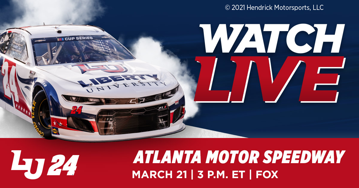 LibertyU's tweet photo. Watch @WilliamByron take on Atlanta Motor Speedway in the LU24 Chevy this afternoon — don't miss it! @Hendrick24Team https://t.co/eOoMdSVLY9